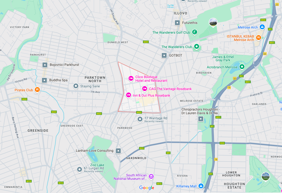 Service coverage map showing Rosebank and surrounding areas